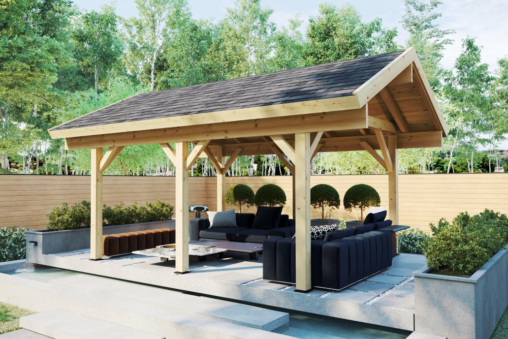Préau ouvert en bois sur une terrasse de maison individuelle illustrant une construction soumise à déclaration préalable selon son emprise au sol