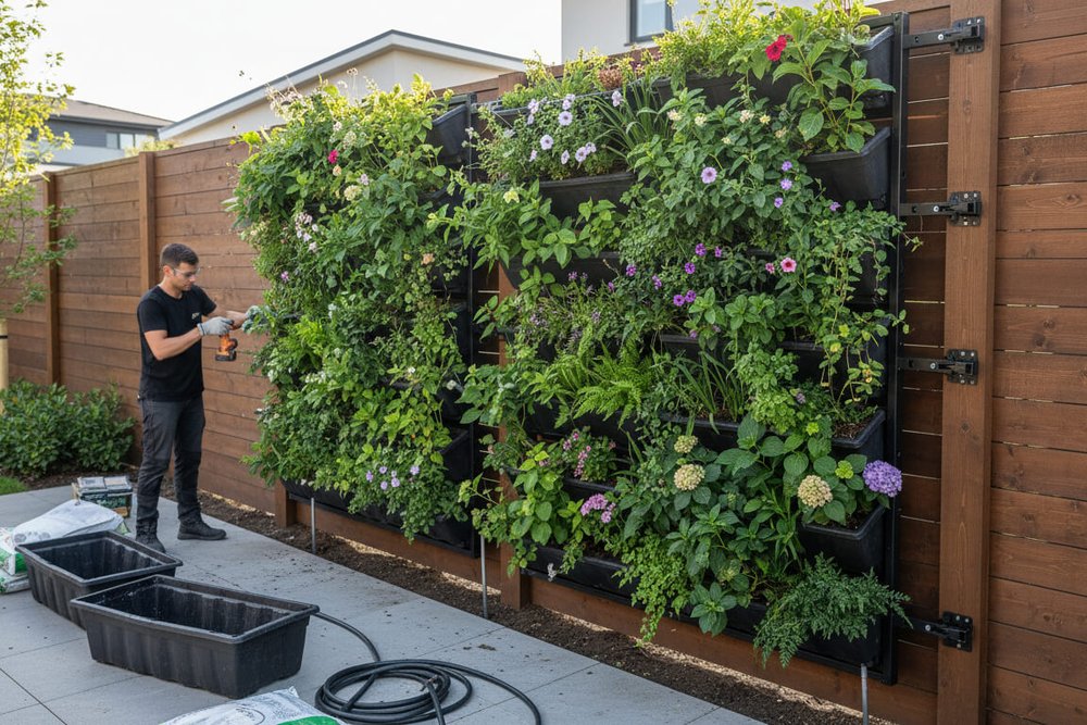 Structure technique d'un mur végétal avec panneaux, substrat rapporté et système d'irrigation intégré fixé sur une façade