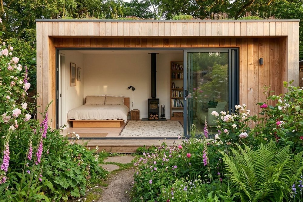 Studio indépendant en bois construit en fond de jardin avec grandes baies vitrées
