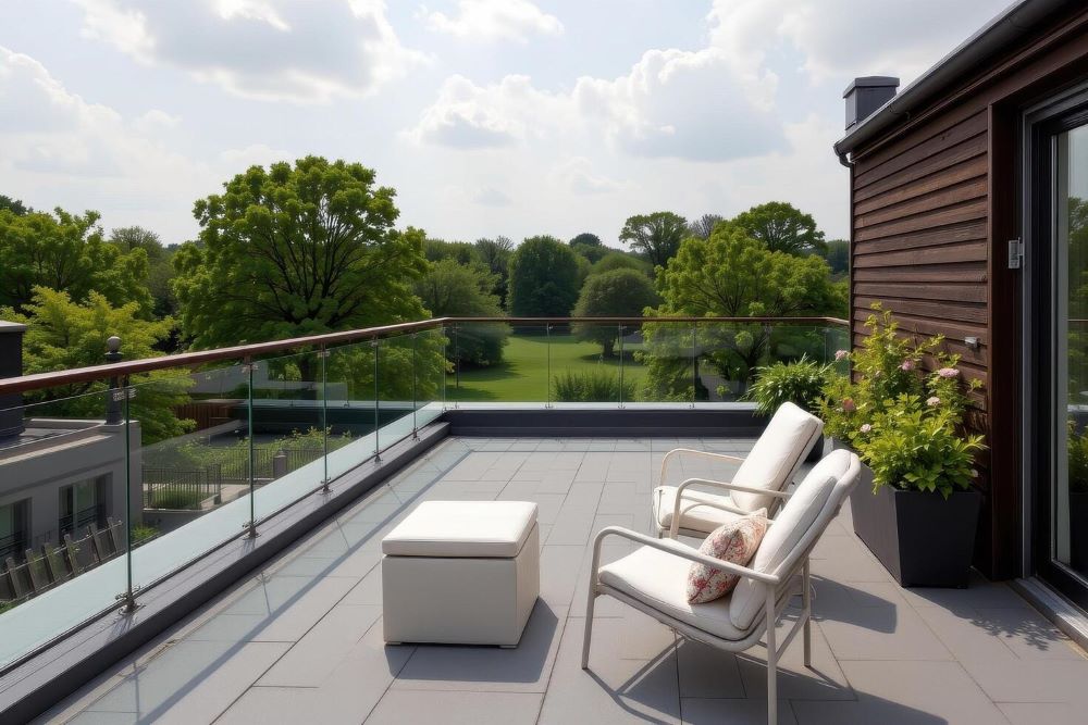 Terrasse aménagée sur la toiture d'une extension de maison individuelle avec garde-corps en acier