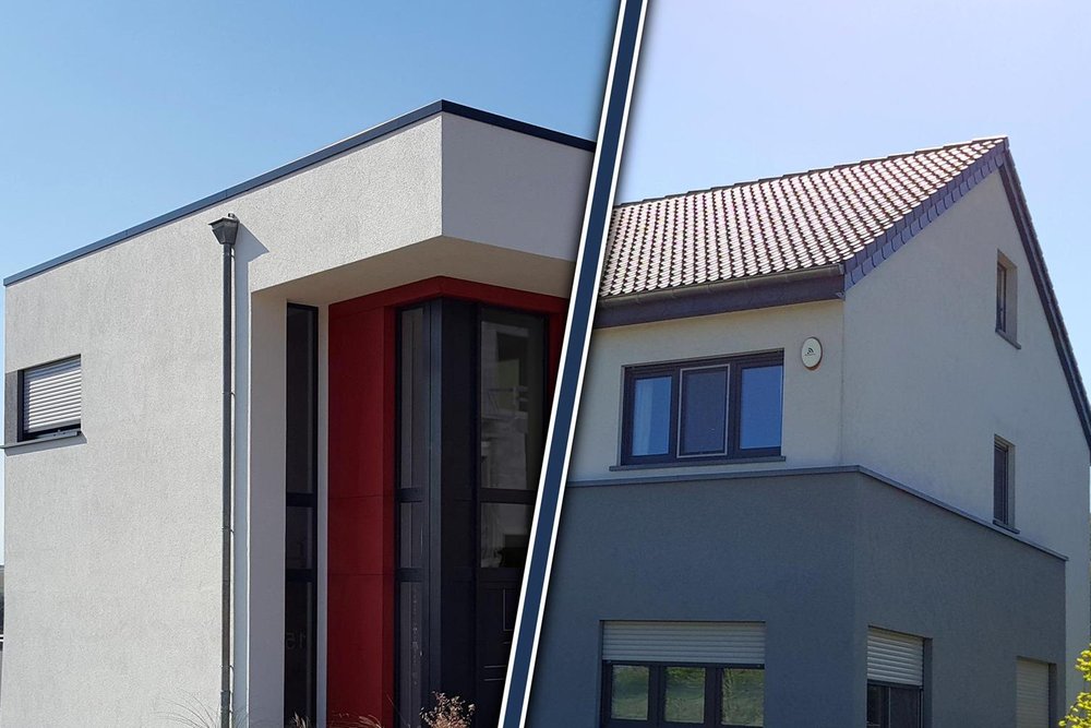 Comparaison entre une maison à toiture en pente traditionnelle et une maison à toiture plate contemporaine