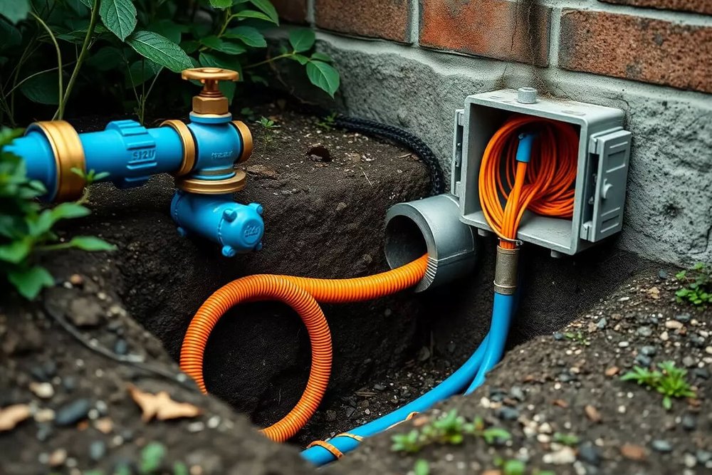 Tranchée de raccordement aux réseaux d'eau et d'électricité entre la maison principale et un studio de jardin