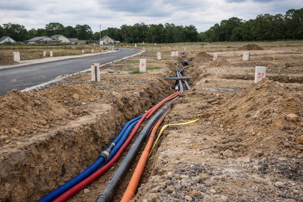Chantier de viabilisation d'un terrain avec tranchées ouvertes pour le raccordement aux réseaux d'eau, d'électricité et d'assainissement