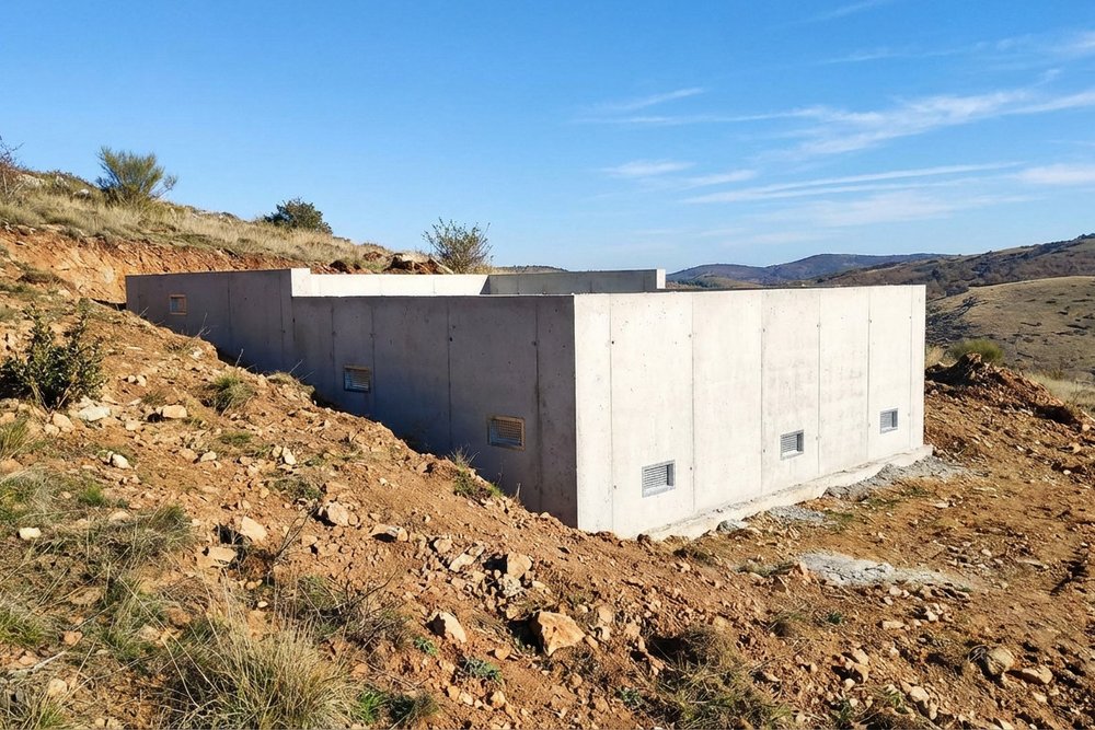 Coupe montrant un vide sanitaire sur terrain en pente avec des murs de soubassement de hauteur variable rattrapant le dénivelé